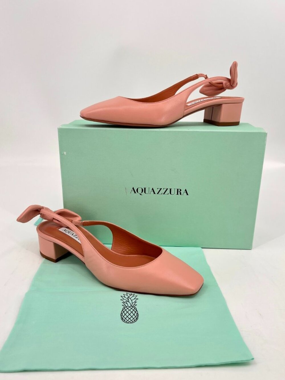 Aquazzura Very Bow Tie Sling Heels Pink Leather Slip On Block Heel SB